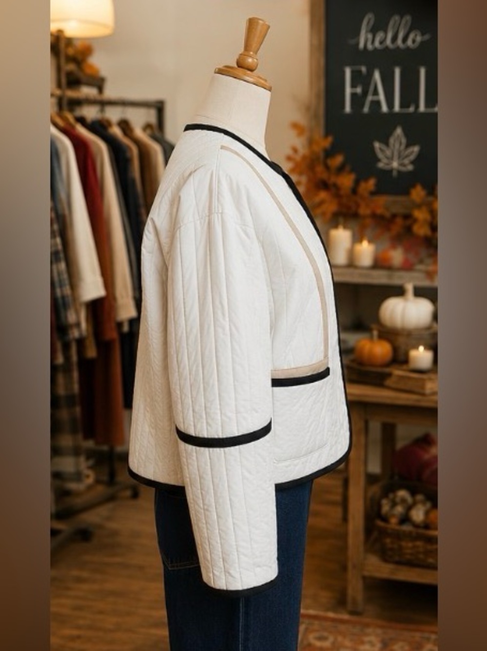 Classic Quilted Ivory Jacket with Black Trim - Picture 2 of 3